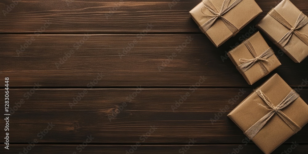 Leinwandbilder brown gift boxes tied with string arranged in a cluster on a dark wooden surface, creating an inviti