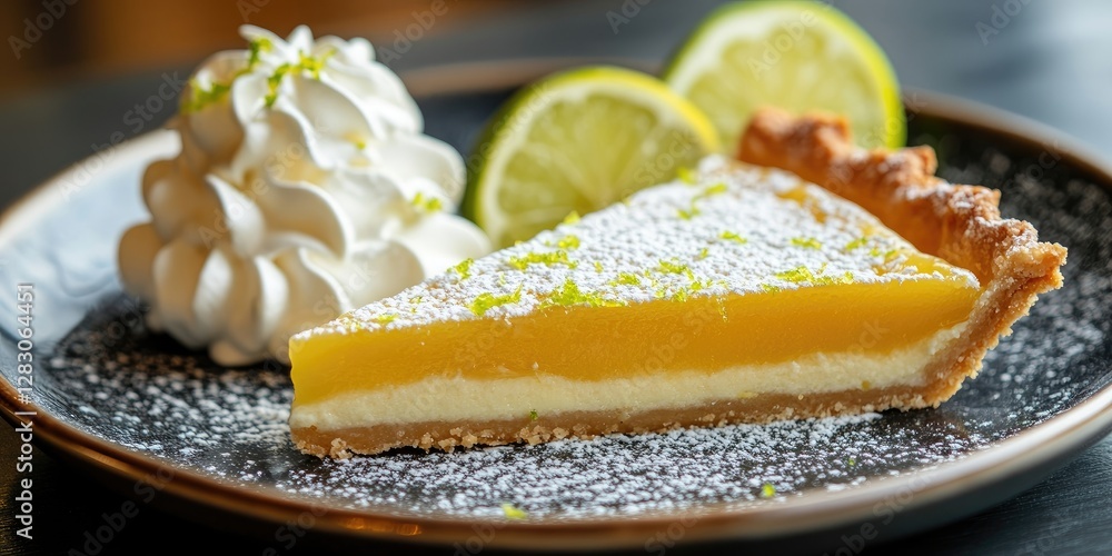 Poster delicious lemon tart slice on a black plate with whipped cream and lime slices garnished with lime z