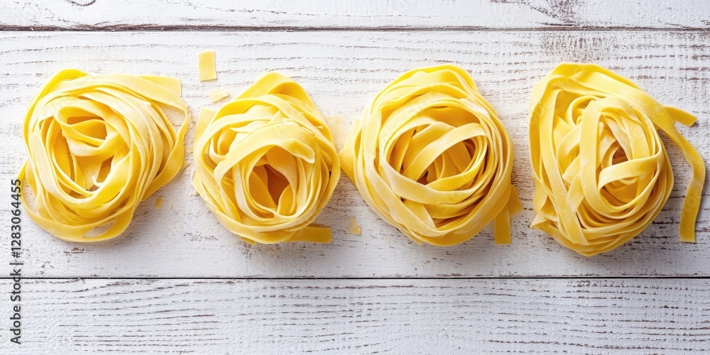 Poster Freshly rolled tagliatelle pasta nests arranged neatly in a row on a rustic white wooden surface with textured grain accents.
