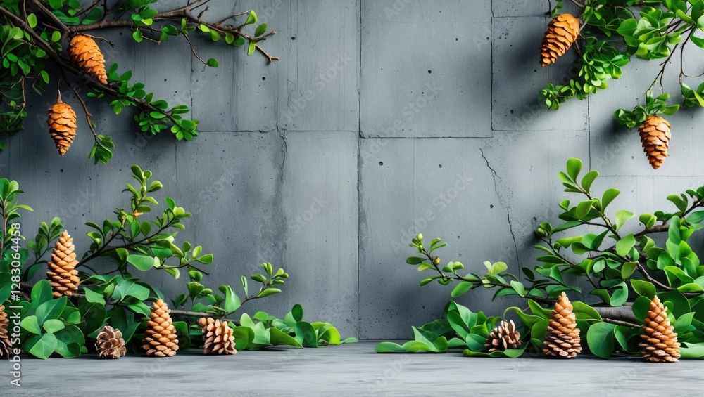 Aufkleber green branches and pine cones frame a textured grey concrete background with ample copy space for de