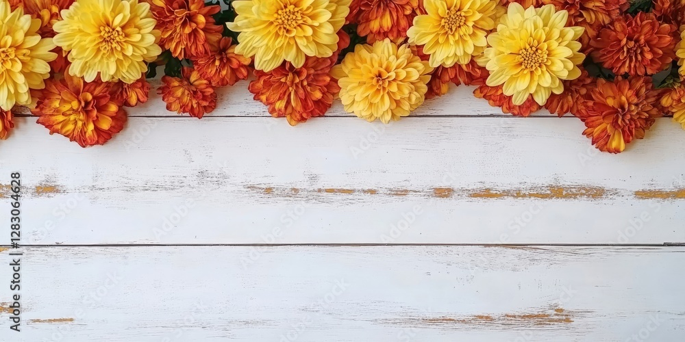 Aufkleber vibrant row of yellow and orange chrysanthemums on a rustic white wooden surface with ample space fo