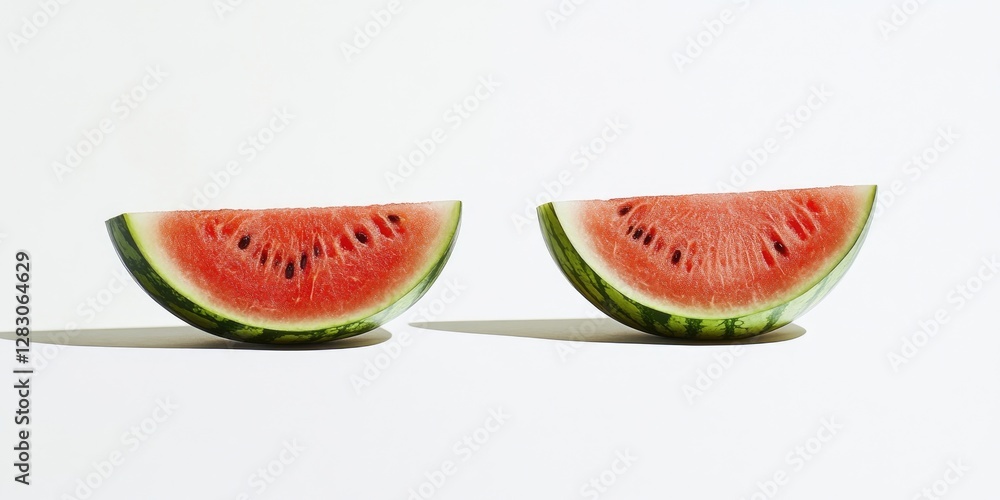 Poster mini watermelon halves with vibrant red flesh and contrasting green rind positioned on clean white b