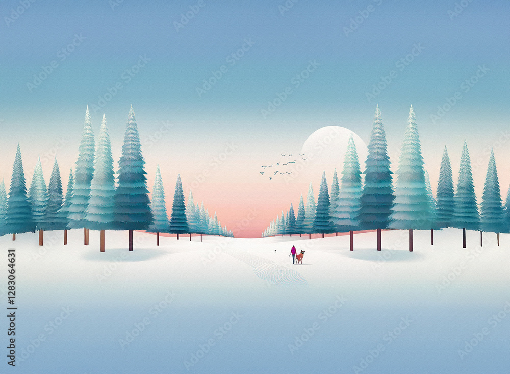Poster serene winter landscape with snow-covered pine trees under a soft gradient sky background as two fig