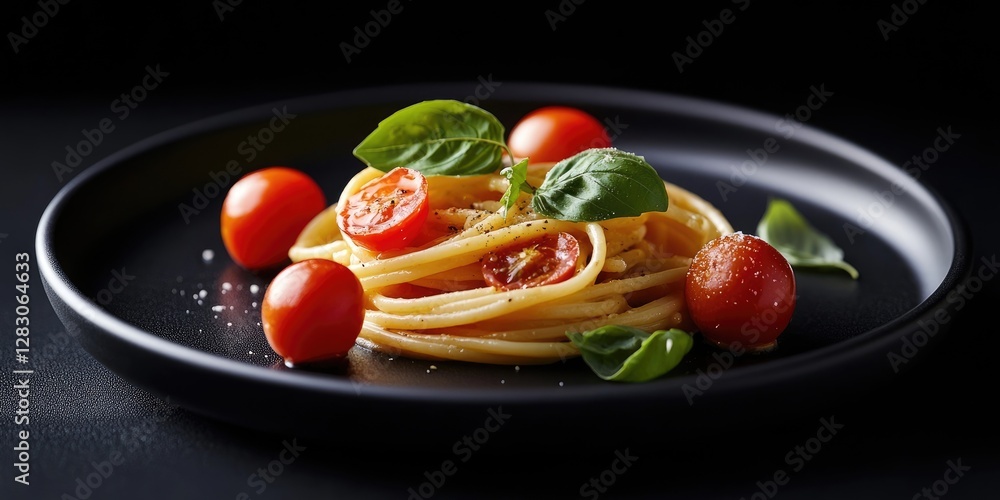 Poster elegant pasta carbonara with cherry tomatoes and basil on a black plate accented by a dark backgroun