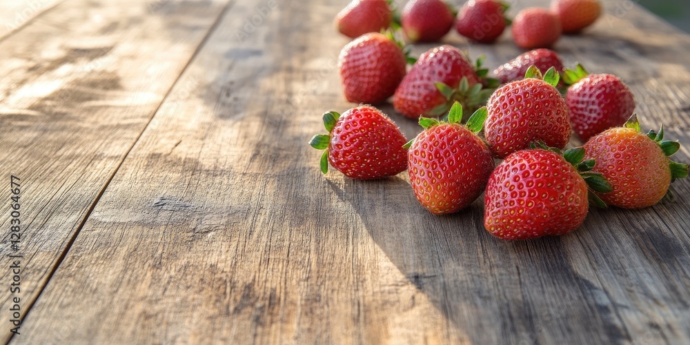 Aufkleber fresh ripe strawberries scattered on a rustic wooden table with warm sunlight highlighting their vib