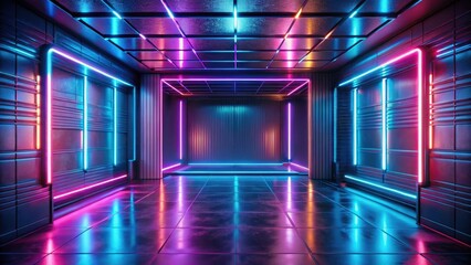 Minimalist futuristic room with glowing neon lights and metallic surfaces in a dimly lit environment, Modern background, Empty space