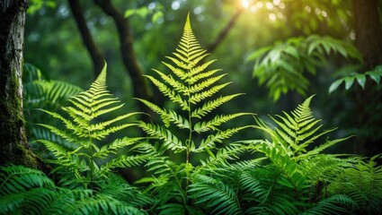 Fototapeta premium Lush green ferns growing in a serene forest setting with soft sunlight filtering through the trees illuminating the foliage
