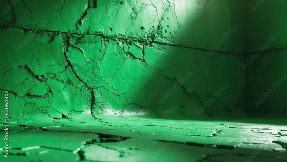 Poster green textured cement wall with cracks illuminated by soft light creating an abstract background for