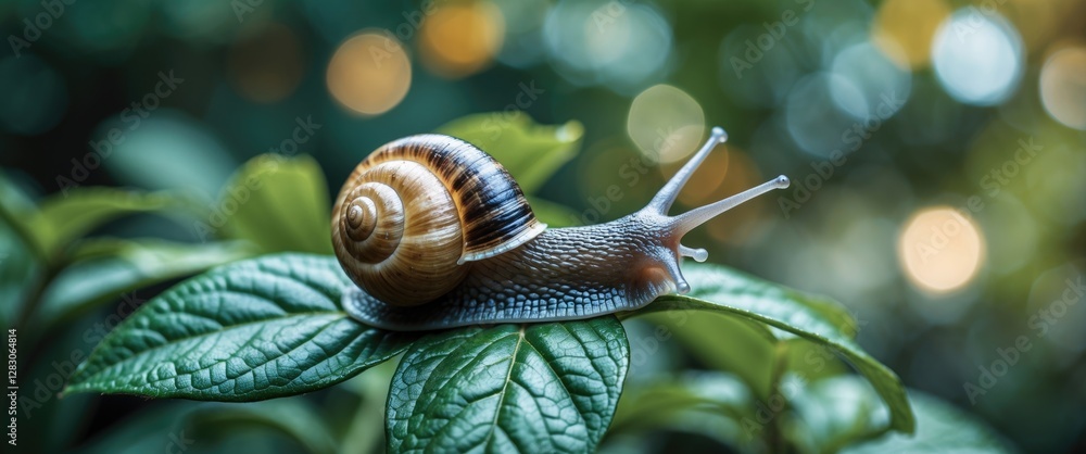 Aufkleber snail crawling on green leaf with bokeh effect and soft focus background in a lush natural environme