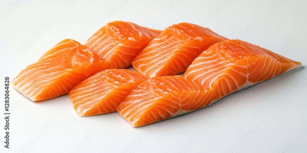 Poster Fresh salmon fillet slices arranged neatly on a white background showcasing vibrant orange hues and distinct textures ideal for culinary display