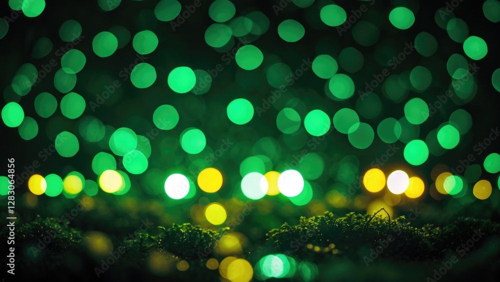 Poster abstract green and yellow bokeh lights with blurred background and foliage texture in dark setting f
