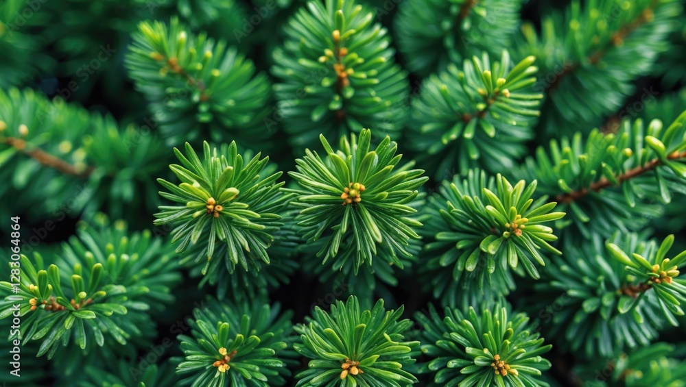 Poster close-up of fresh green pine tree needles arranged in a dense pattern with a blurred green backgroun