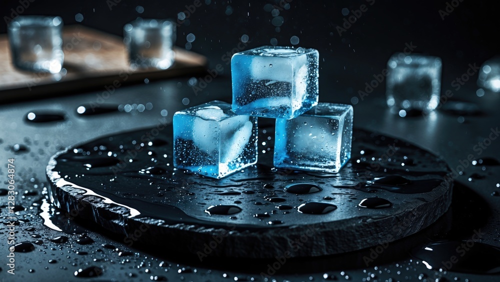 Poster ice cubes with water droplets on a dark slate plate with additional scattered ice cubes on a black b