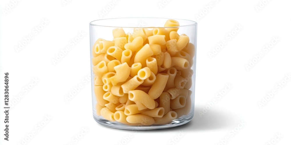 Poster raw macaroni shapes piled in a clear glass bowl positioned centrally on a white background with soft