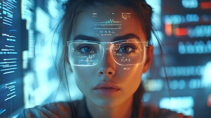 modern businesswoman analyzing financial data through a futuristic hologram interface studying digital graphs and corporate trends in an innovative technology office