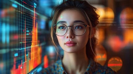 modern businesswoman analyzing financial data through a futuristic hologram interface studying digital graphs and corporate trends in an innovative technology office