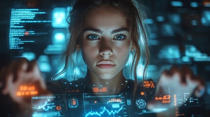 modern businesswoman analyzing financial data through a futuristic hologram interface studying digital graphs and corporate trends in an innovative technology office