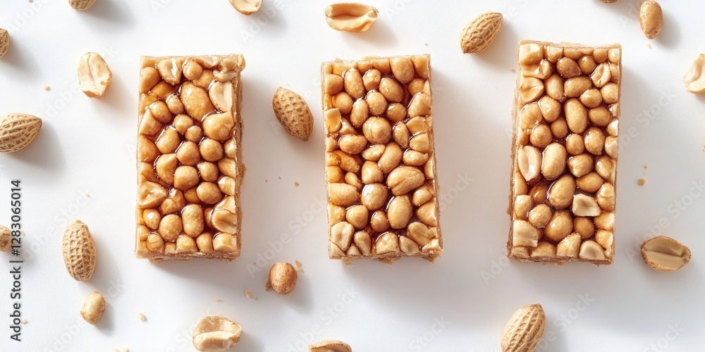 Poster crunchy peanut honey bars displayed on a clean white background, featuring three bars topped with wh