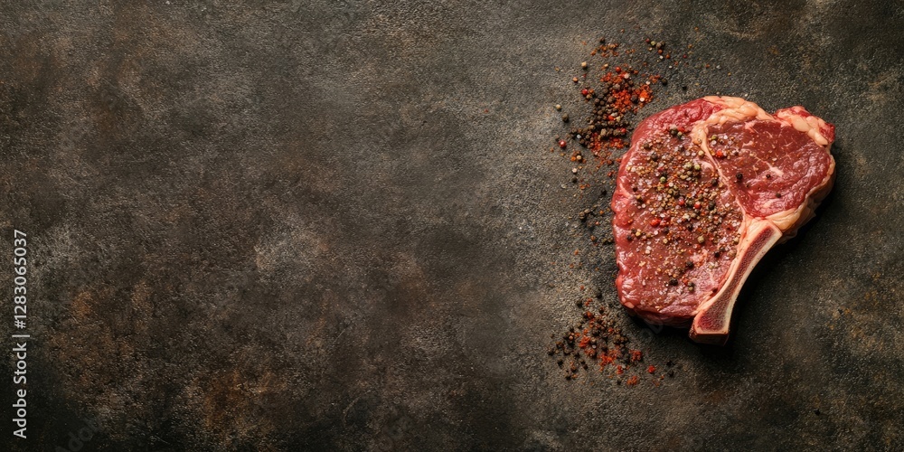 Poster raw ribeye steak with spices on a dark stone background positioned to the left, space for text on th