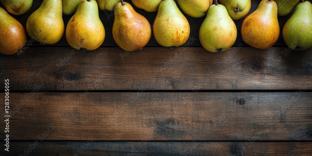 Poster Ripe green and yellow pears neatly arranged in a row on a dark rustic wooden table with ample empty space for text above and below.