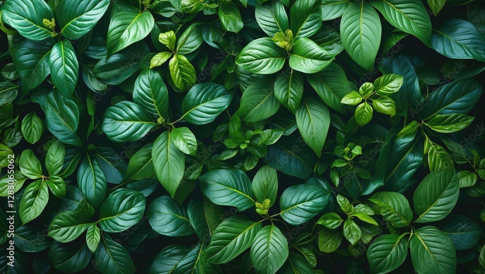 Poster vibrant green foliage texture with diverse leaf shapes creating a lush botanical background for natu