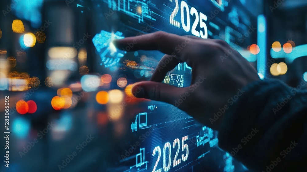 Poster hand interacting with futuristic 2025 data display