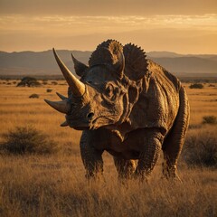 Fototapeta premium A Triceratops resting in an open plain, bathed in the last golden light of the day.
