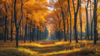 Golden autumn landscape with vibrant orange foliage in a tranquil Eastern European forest path surrounded by lush trees and sunlight.