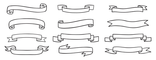 ribbons template for text doodle hand drawn icon set. Outline drawing medieval ribbons template line clipart symbol collection
