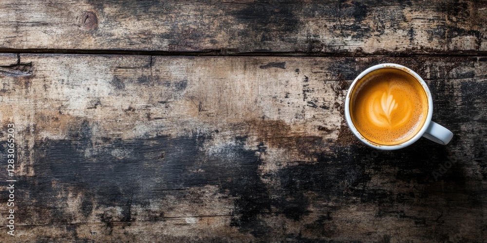 Poster Top view of a white coffee cup with latte art on weathered brown wooden rustic background positioned on the right side of the image.