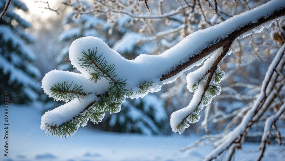 Poster snow covered pine tree branch with frost in winter landscape natural setting with blurred background