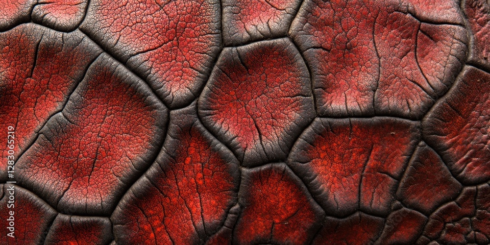 Fototapete Close-up of textured red skin with intricate patterns resembling blood vessels, featuring dark black lines and a glossy surface, creating a vivid contrast.