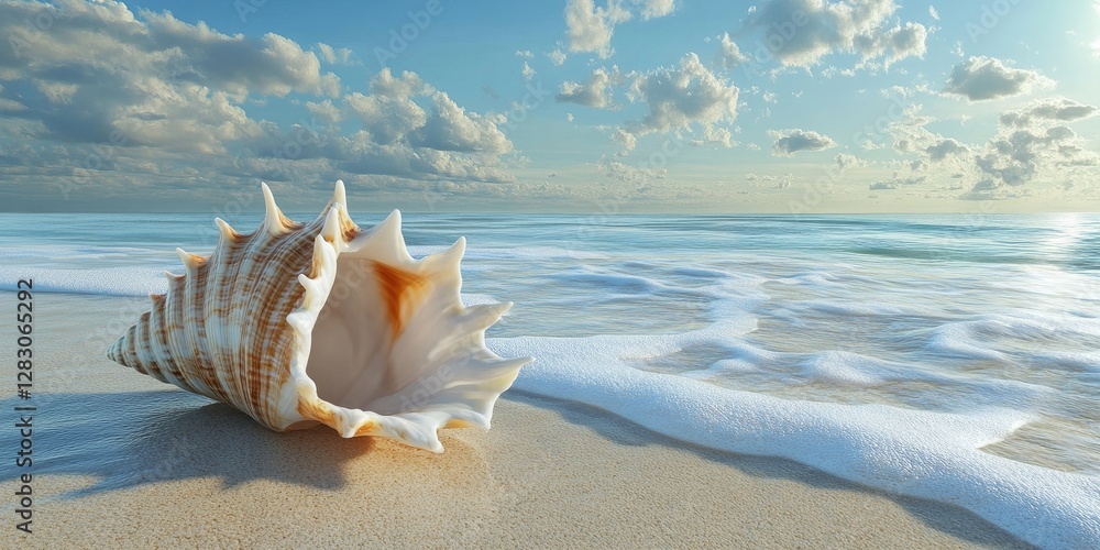 Leinwandbilder Seashell with intricate details positioned on a sandy beach with gentle waves and a serene sky featuring soft clouds in the background