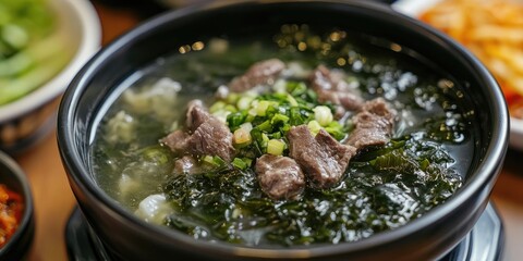Savory Korean soup in a black bowl topped with green onions and beef in a rich broth surrounded by side dishes in a cozy dining setting.