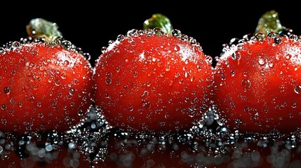 Fresh red cherry tomatoes in water droplets, close-up. Food photography