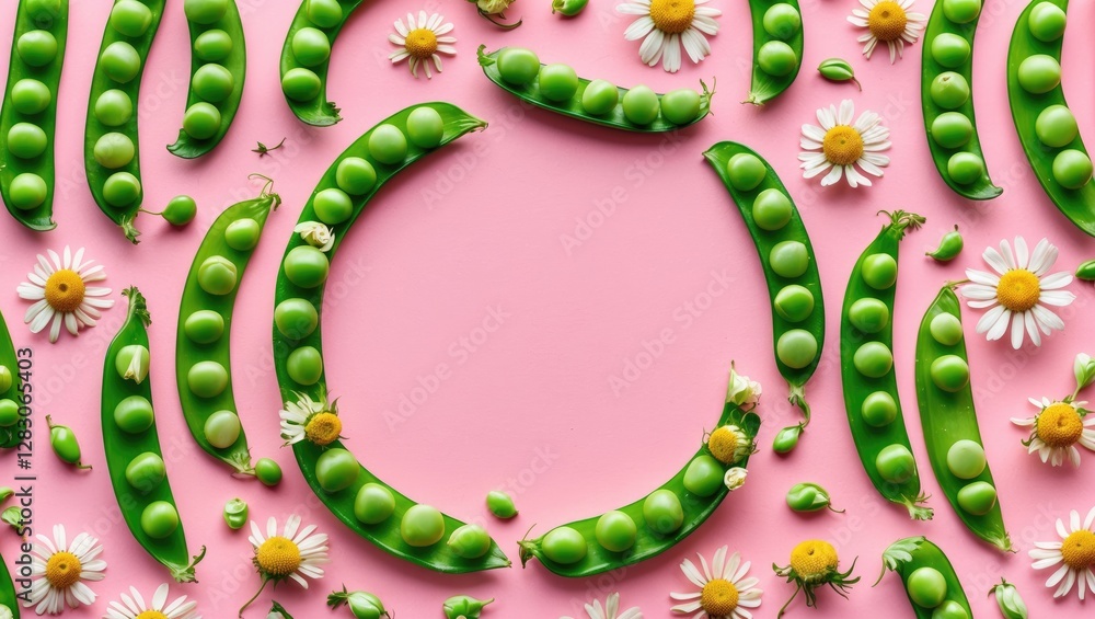 Poster fresh green peas and daisies arranged in a circular pattern on a pink background creating a colorful