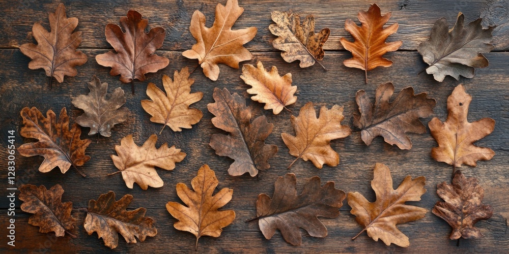 Poster rustic wooden backdrop showcasing a variety of brown and orange oak leaves arranged harmoniously in 