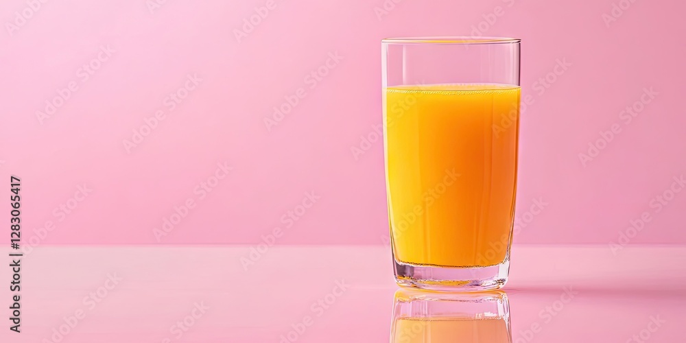 Poster vibrant orange juice in a clear glass positioned centrally against a soft pink background with light