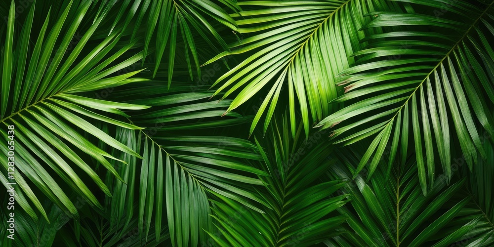 Poster lush green palm leaf background with intricate details featuring various shades of green and overlap