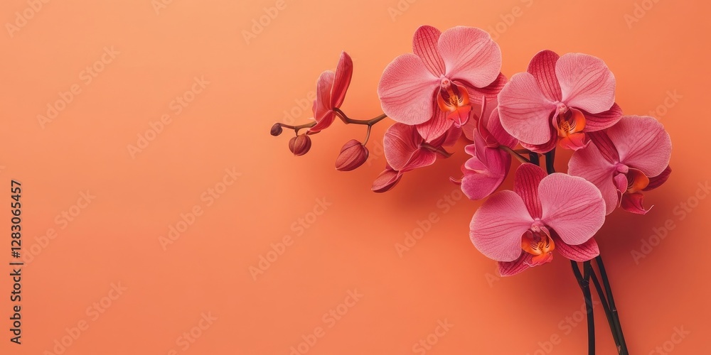Poster Orchids in soft pink hues arranged elegantly on the left side against a vibrant orange background creating a warm and inviting atmosphere