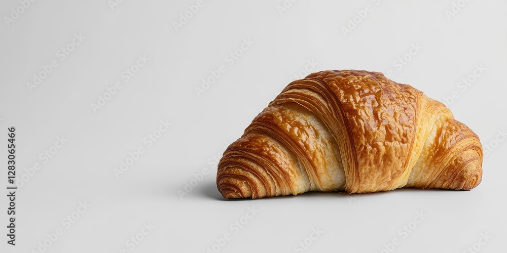 Poster Golden-brown croissant with flaky layers positioned on a soft white background showcasing its texture and delicious appearance.