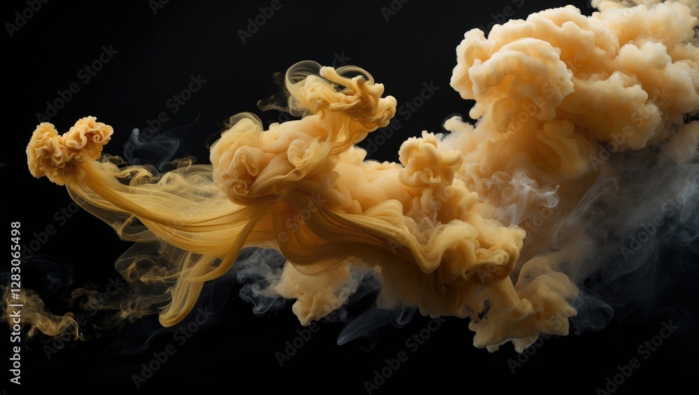 Poster yellow smoke or ink movement in water on black background creating abstract patterns and textures
