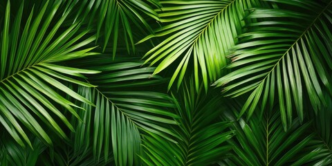 Lush green palm leaf background with intricate details featuring various shades of green and overlapping fronds creating a natural, tranquil aesthetic
