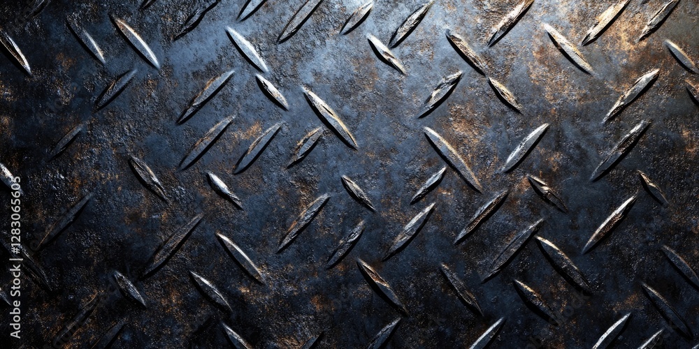 Poster textured metallic surface with diamond pattern in dark gray and hints of rust creating a rugged indu