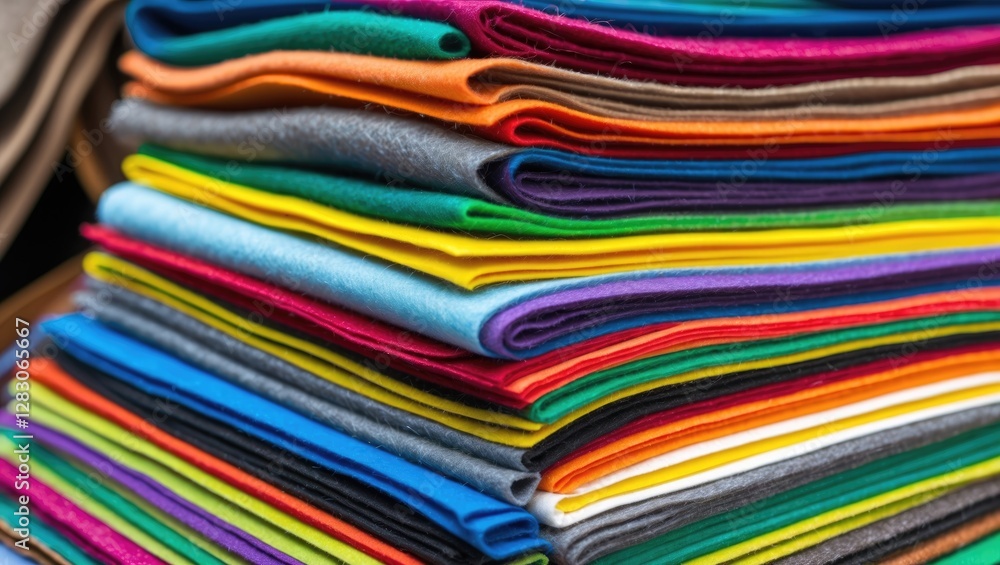 Poster Stack of colorful felt fabric sheets in various shades arranged neatly on a table background.