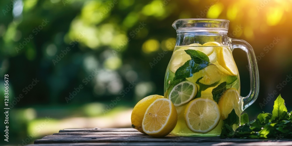 Aufkleber refreshing lemonade in a glass pitcher with sliced lemons and mint, placed on a wooden surface again