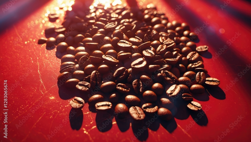 Poster coffee beans scattered on a vibrant red background illuminated by sunlight, creating bold contrasts 