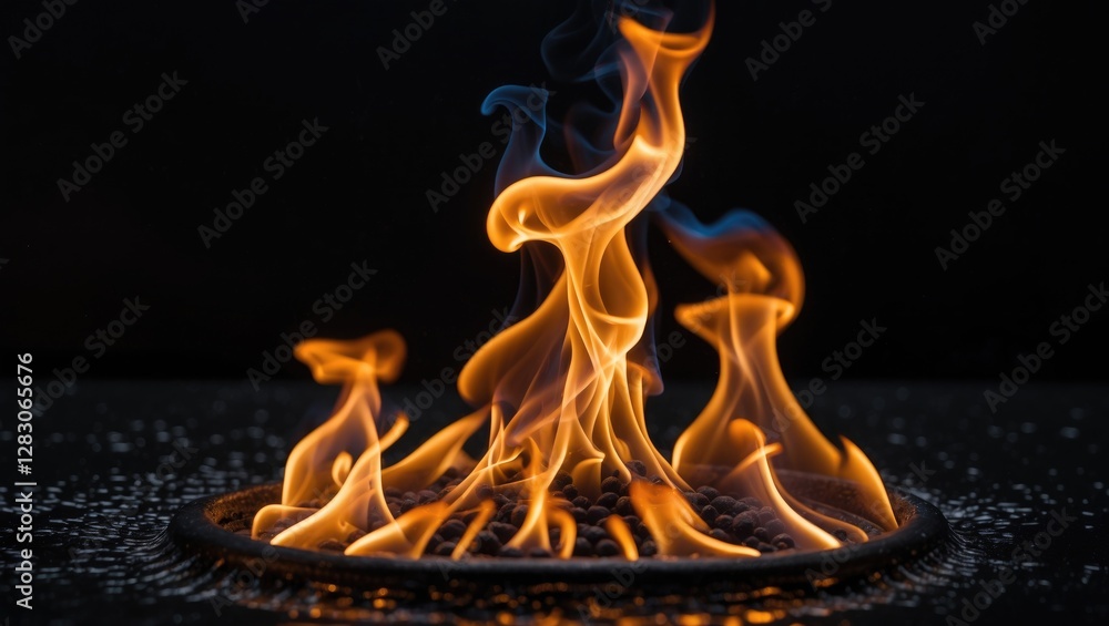 Poster flames dancing in a circular bowl with dark background creating vibrant orange and blue fire pattern
