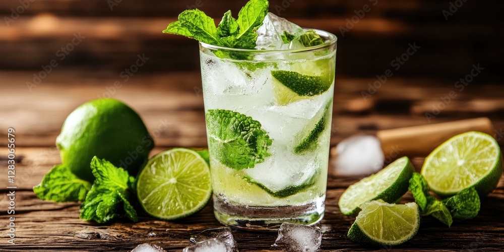 Poster refreshing mojito cocktail with ice in a clear glass garnished with mint leaves and lime slices on a