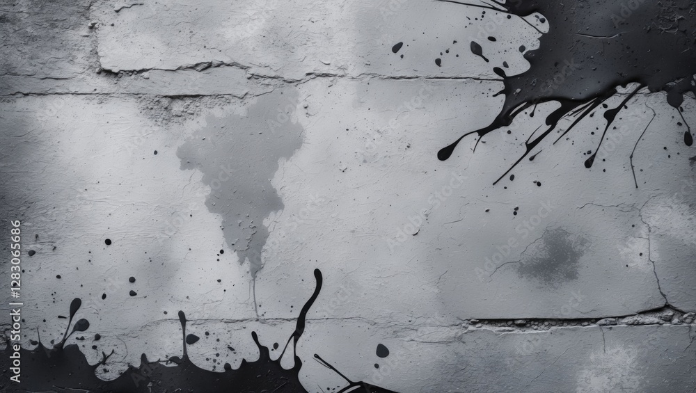 Poster gray textured concrete wall with black paint splashes and stains creating an abstract background des